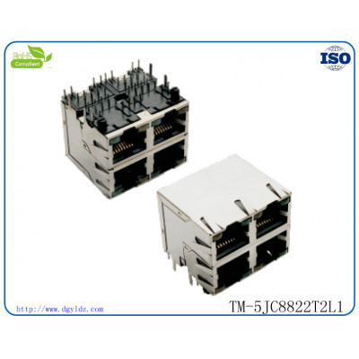 供应自产低价批发8P8C镀金FU 带LED带弹片4口网络连接器 RJ45多口带LED网络插座